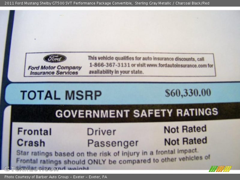  2011 Mustang Shelby GT500 SVT Performance Package Convertible Window Sticker