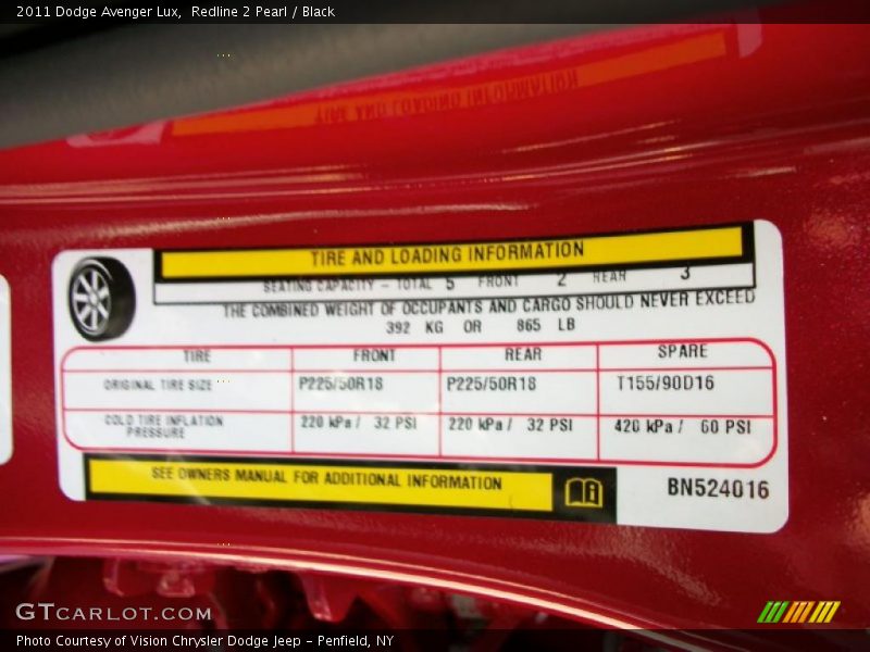 Info Tag of 2011 Avenger Lux
