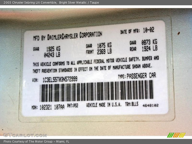 Bright Silver Metallic / Taupe 2003 Chrysler Sebring LXi Convertible