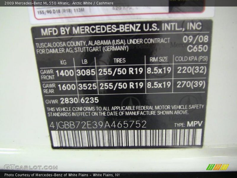 2009 ML 550 4Matic Arctic White Color Code 650