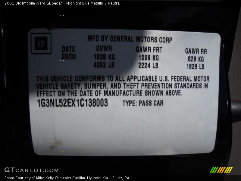 Midnight Blue Metallic / Neutral 2001 Oldsmobile Alero GL Sedan