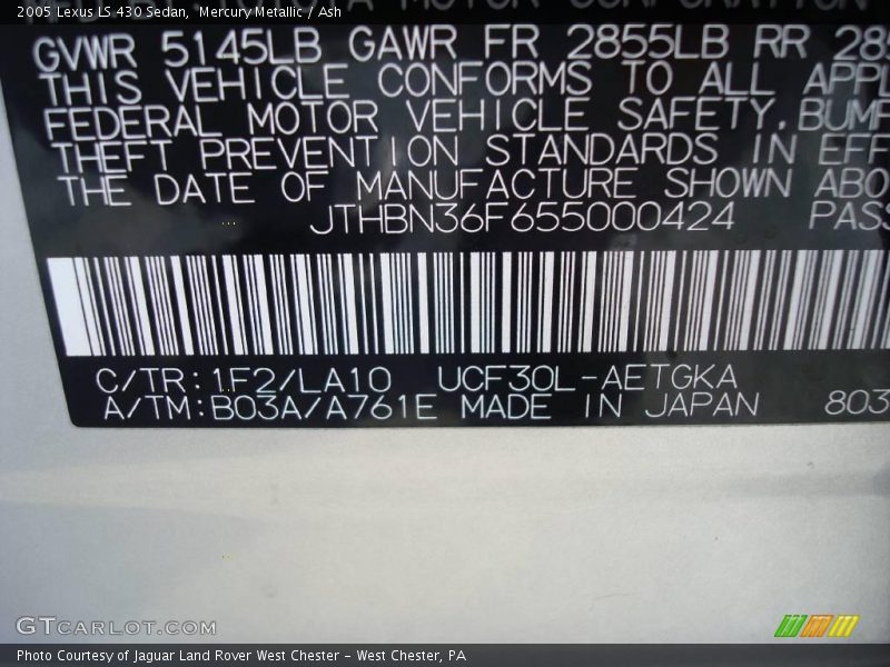Mercury Metallic / Ash 2005 Lexus LS 430 Sedan