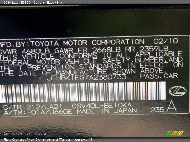 Obsidian Black / Black 2010 Lexus ES 350