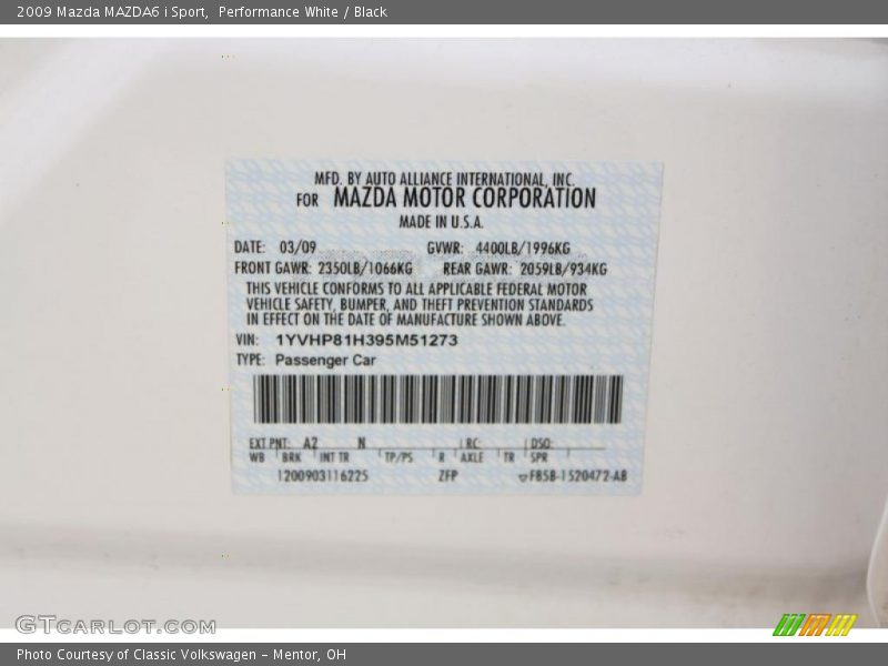 2009 MAZDA6 i Sport Performance White Color Code A2