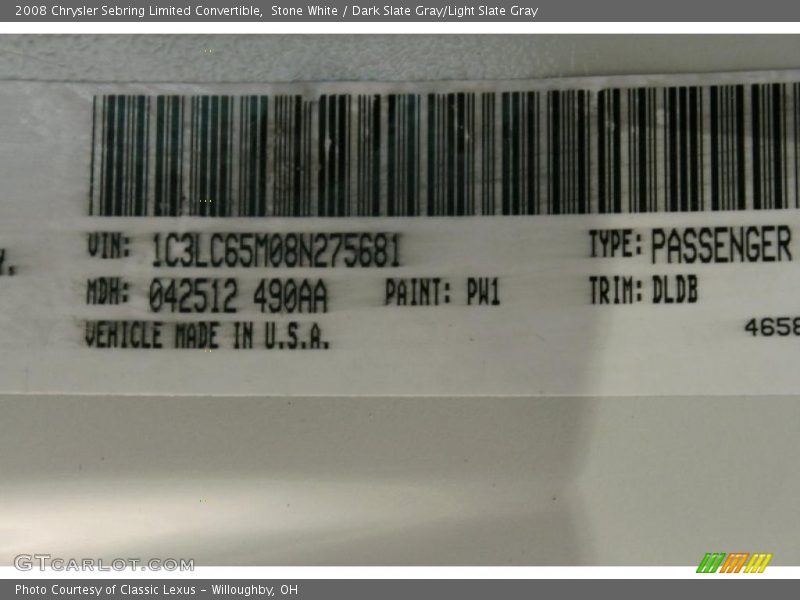 Stone White / Dark Slate Gray/Light Slate Gray 2008 Chrysler Sebring Limited Convertible
