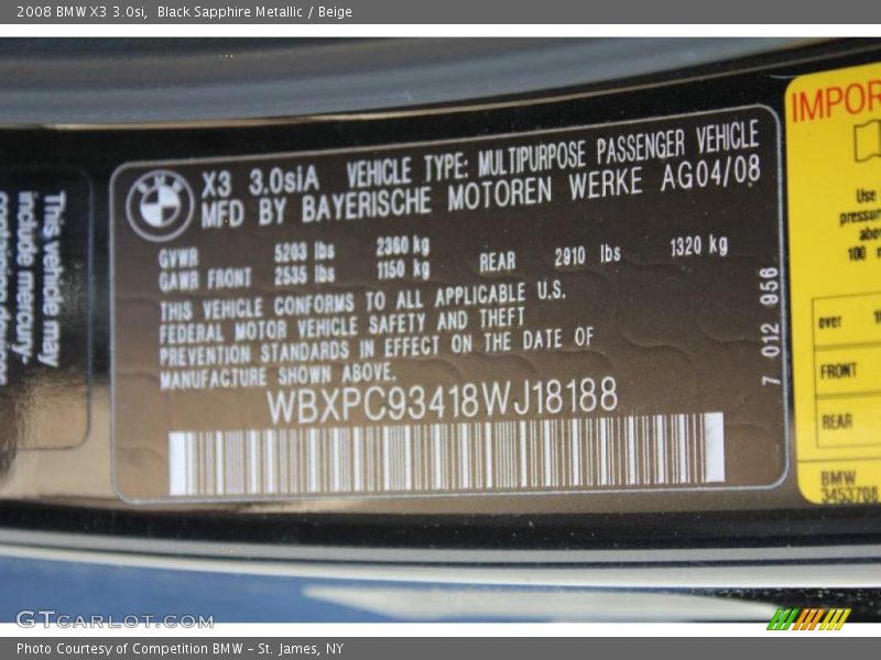 Black Sapphire Metallic / Beige 2008 BMW X3 3.0si