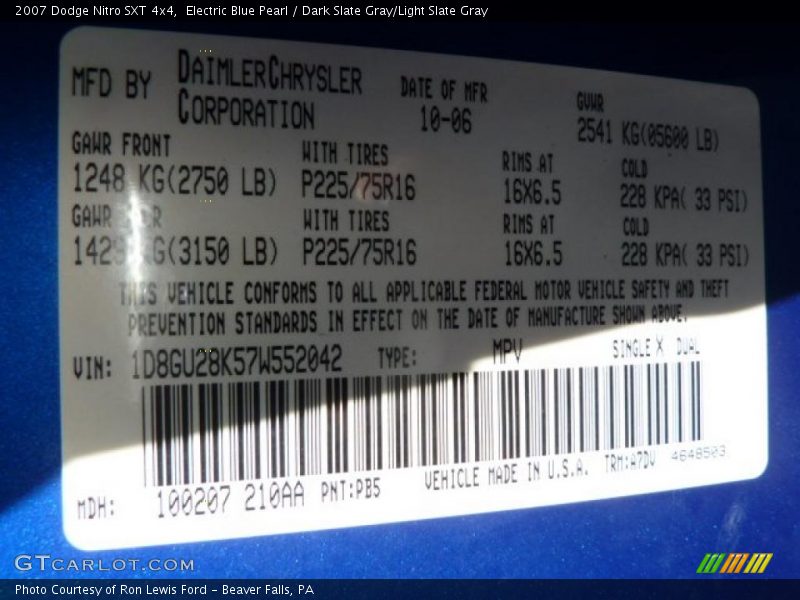 Electric Blue Pearl / Dark Slate Gray/Light Slate Gray 2007 Dodge Nitro SXT 4x4