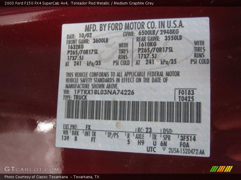 Toreador Red Metallic / Medium Graphite Grey 2003 Ford F150 FX4 SuperCab 4x4