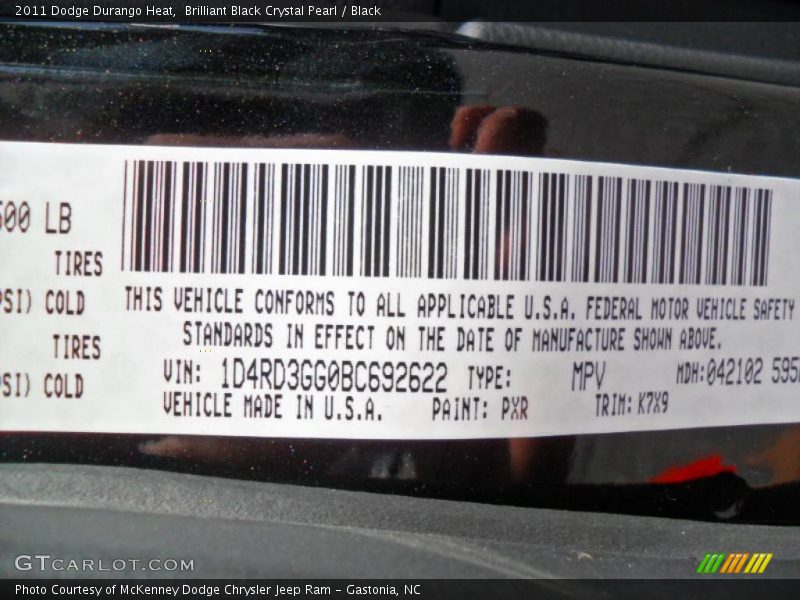2011 Durango Heat Brilliant Black Crystal Pearl Color Code PXR
