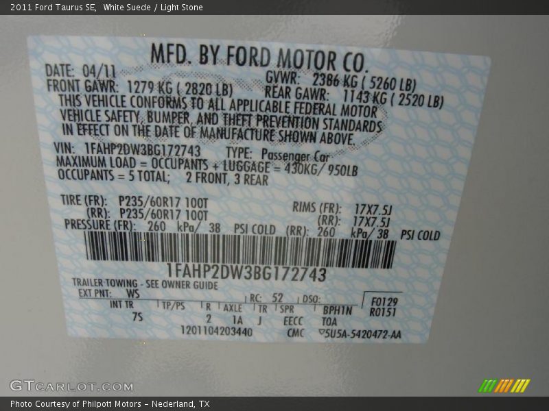 2011 Taurus SE White Suede Color Code WS