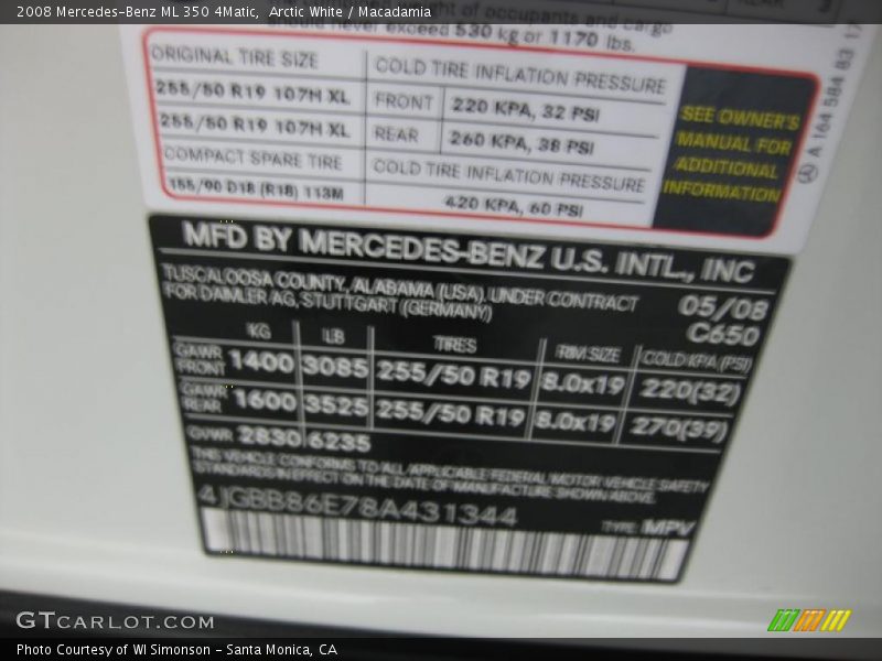 Arctic White / Macadamia 2008 Mercedes-Benz ML 350 4Matic