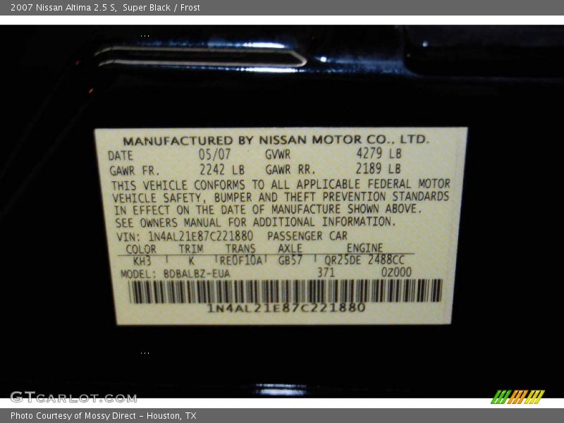 Super Black / Frost 2007 Nissan Altima 2.5 S