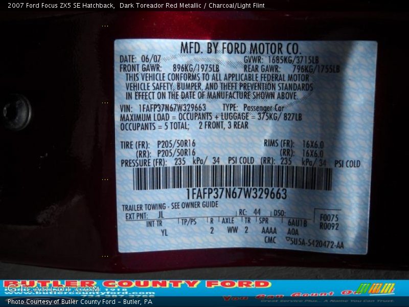 Dark Toreador Red Metallic / Charcoal/Light Flint 2007 Ford Focus ZX5 SE Hatchback