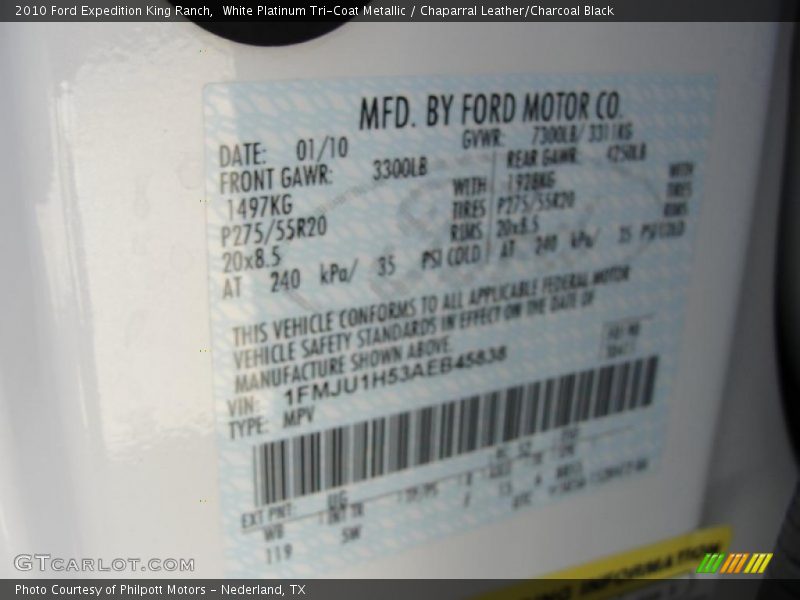White Platinum Tri-Coat Metallic / Chaparral Leather/Charcoal Black 2010 Ford Expedition King Ranch