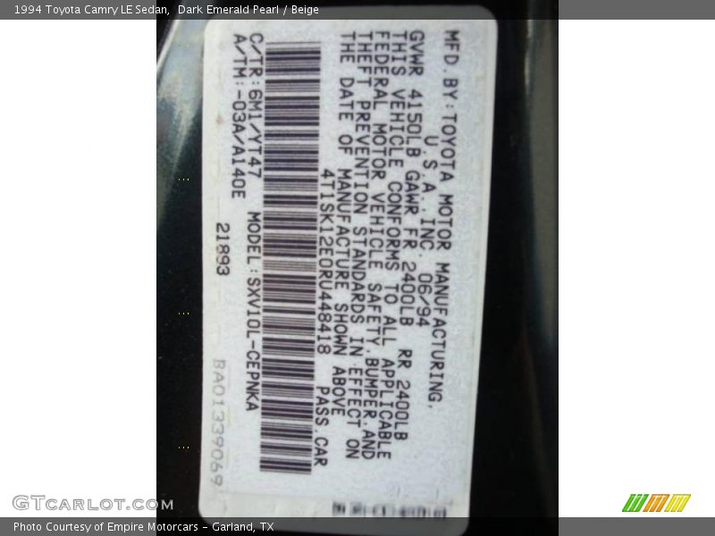 Dark Emerald Pearl / Beige 1994 Toyota Camry LE Sedan