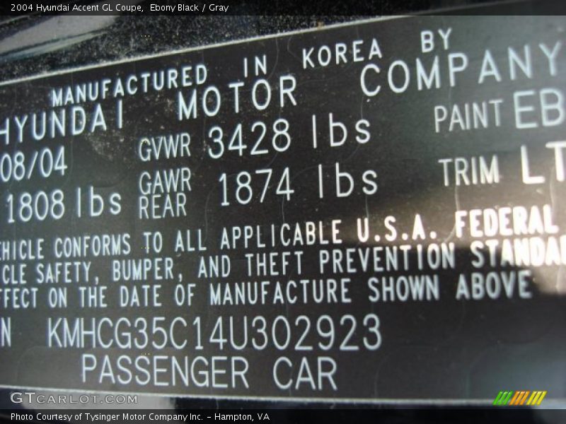 Ebony Black / Gray 2004 Hyundai Accent GL Coupe