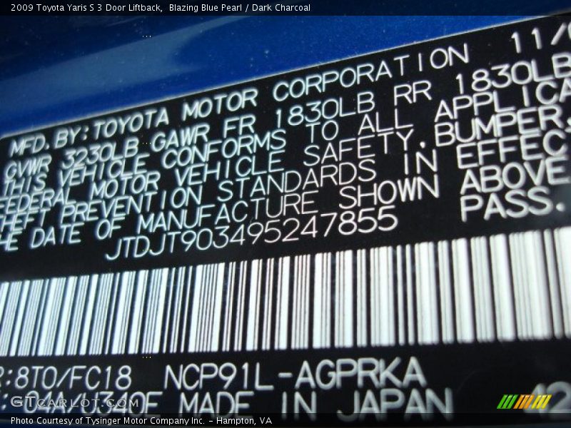 Blazing Blue Pearl / Dark Charcoal 2009 Toyota Yaris S 3 Door Liftback