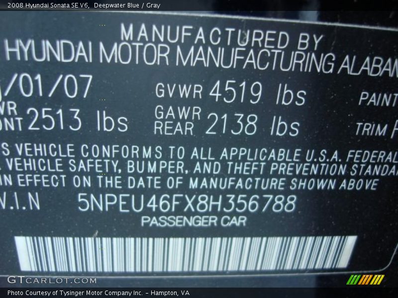 Deepwater Blue / Gray 2008 Hyundai Sonata SE V6