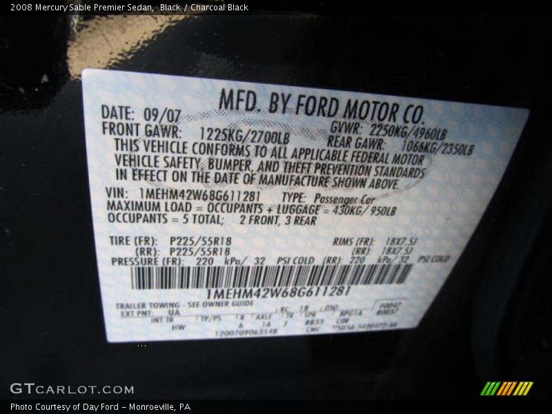 Black / Charcoal Black 2008 Mercury Sable Premier Sedan