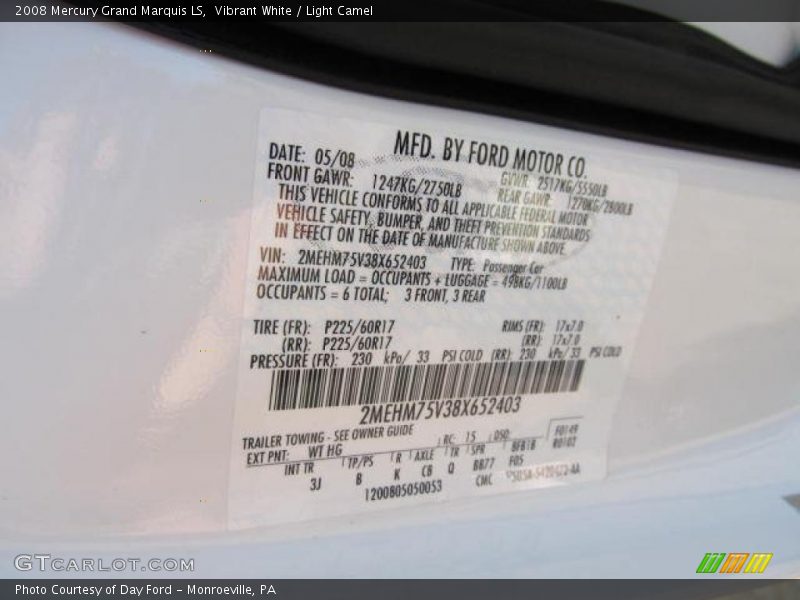 2008 Grand Marquis LS Vibrant White Color Code WT