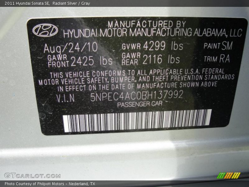 Radiant Silver / Gray 2011 Hyundai Sonata SE