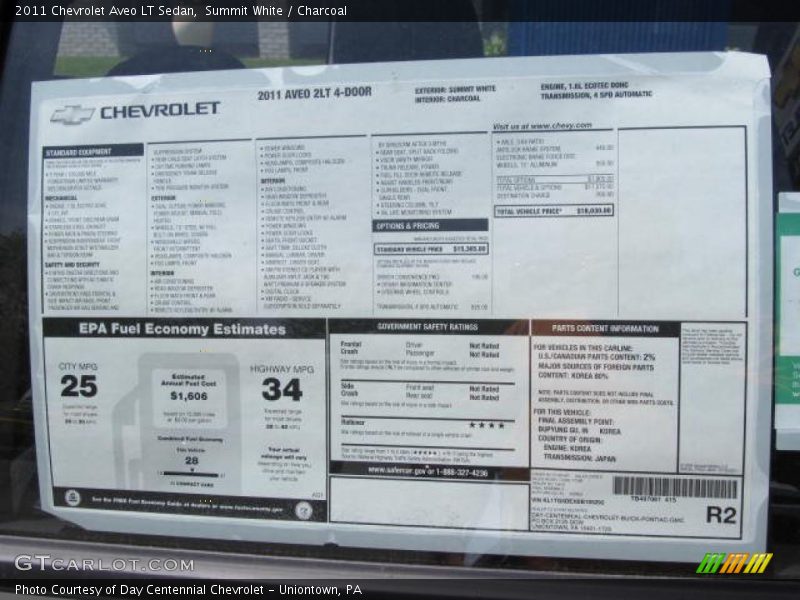  2011 Aveo LT Sedan Window Sticker