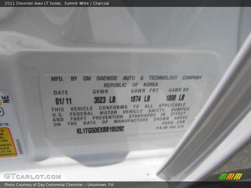 Info Tag of 2011 Aveo LT Sedan