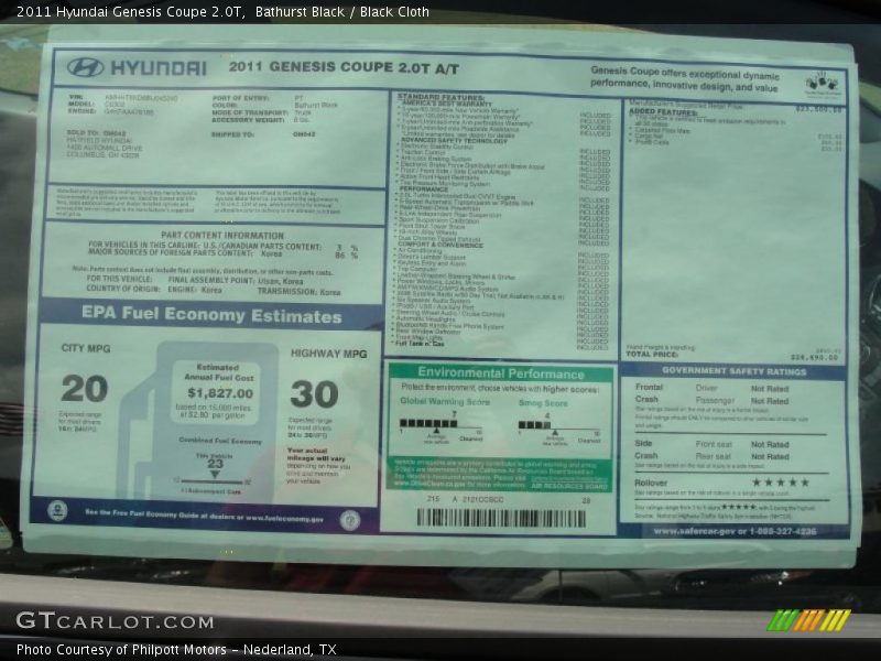  2011 Genesis Coupe 2.0T Window Sticker