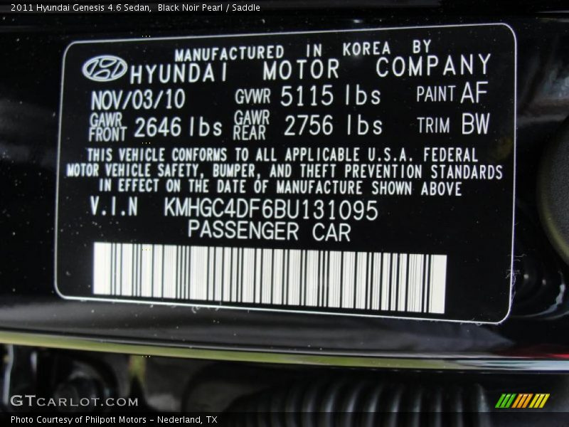 2011 Genesis 4.6 Sedan Black Noir Pearl Color Code AF