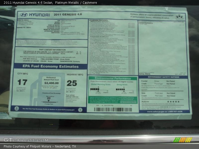  2011 Genesis 4.6 Sedan Window Sticker