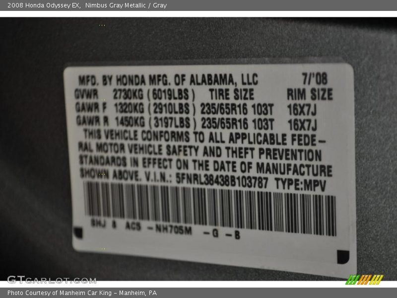 Nimbus Gray Metallic / Gray 2008 Honda Odyssey EX