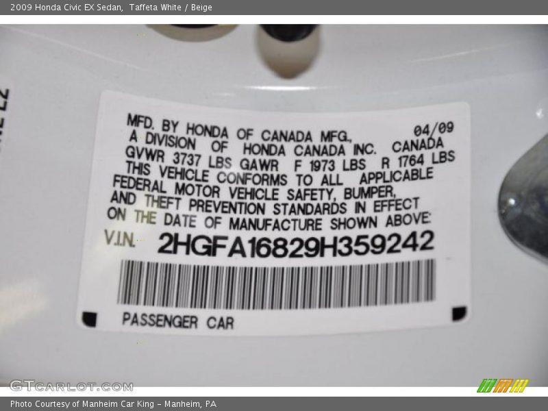 Taffeta White / Beige 2009 Honda Civic EX Sedan
