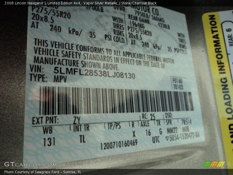 2008 Navigator L Limited Edition 4x4 Vapor Silver Metallic Color Code ZY