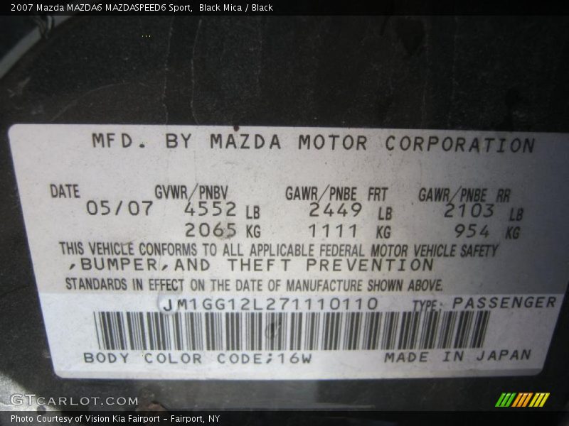 2007 MAZDA6 MAZDASPEED6 Sport Black Mica Color Code 16W