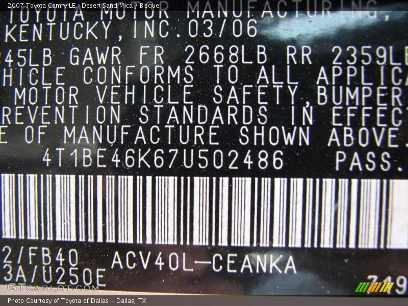 Desert Sand Mica / Bisque 2007 Toyota Camry LE