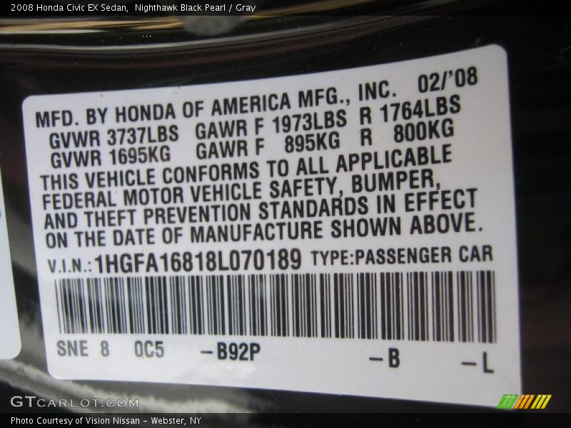 Nighthawk Black Pearl / Gray 2008 Honda Civic EX Sedan
