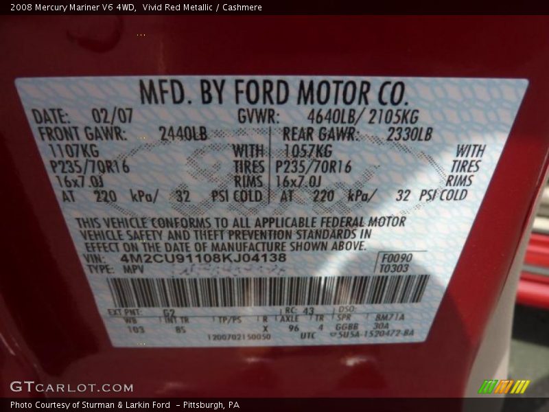 Vivid Red Metallic / Cashmere 2008 Mercury Mariner V6 4WD