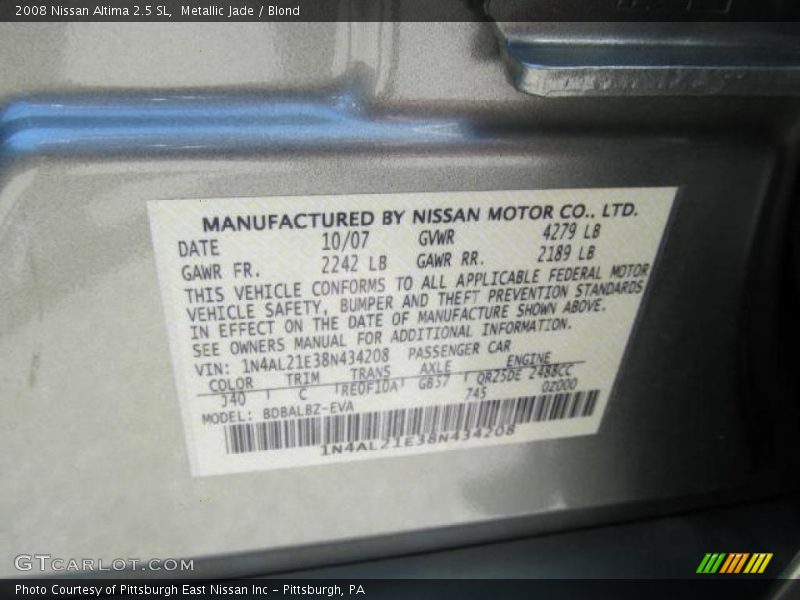 Metallic Jade / Blond 2008 Nissan Altima 2.5 SL