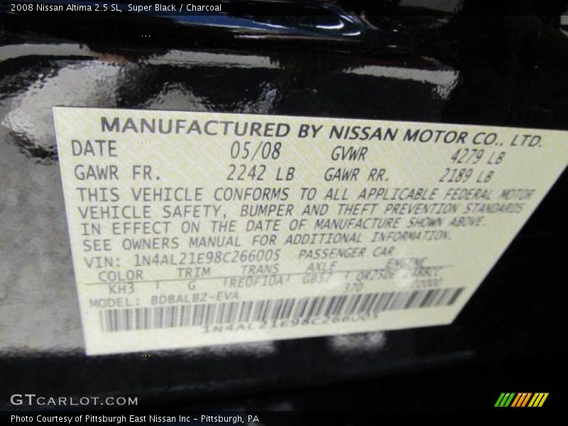 Super Black / Charcoal 2008 Nissan Altima 2.5 SL