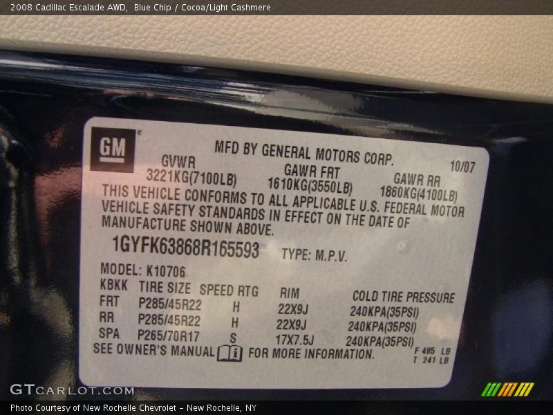 Blue Chip / Cocoa/Light Cashmere 2008 Cadillac Escalade AWD