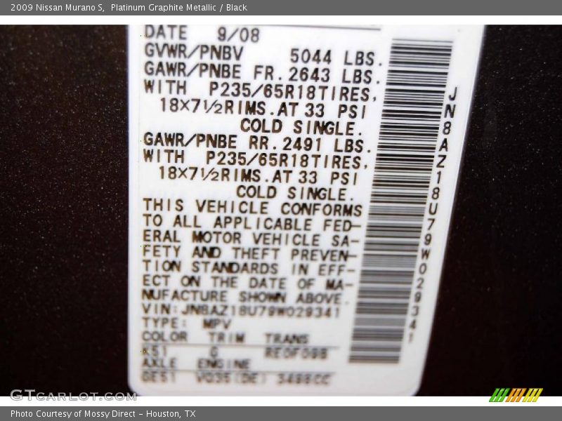 Platinum Graphite Metallic / Black 2009 Nissan Murano S
