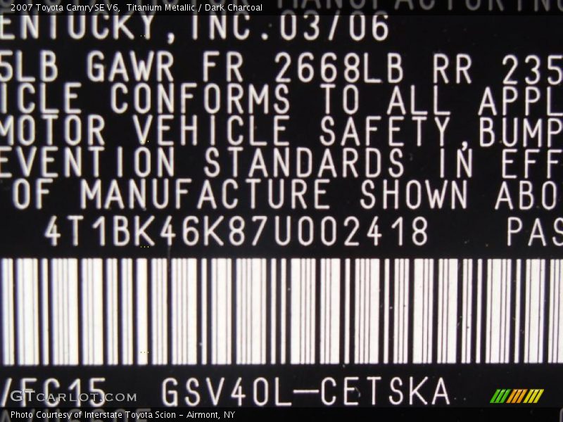 Titanium Metallic / Dark Charcoal 2007 Toyota Camry SE V6