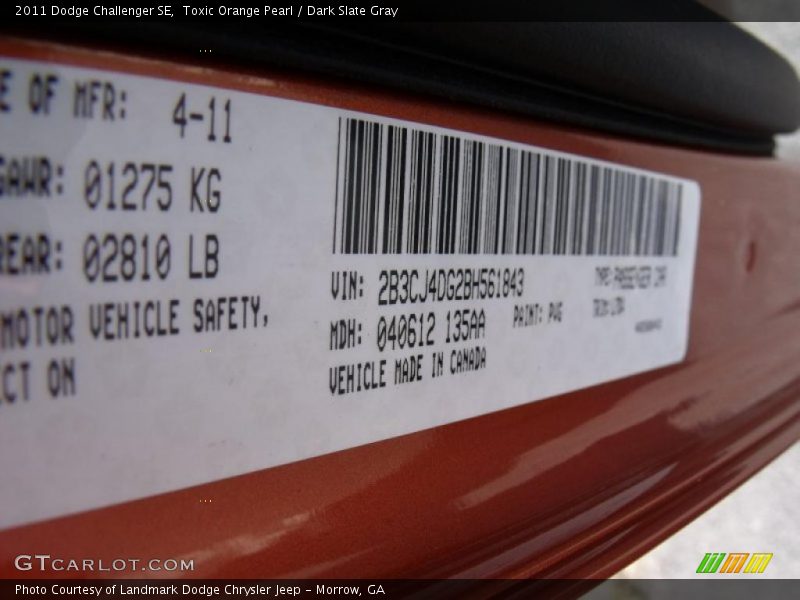 Toxic Orange Pearl / Dark Slate Gray 2011 Dodge Challenger SE