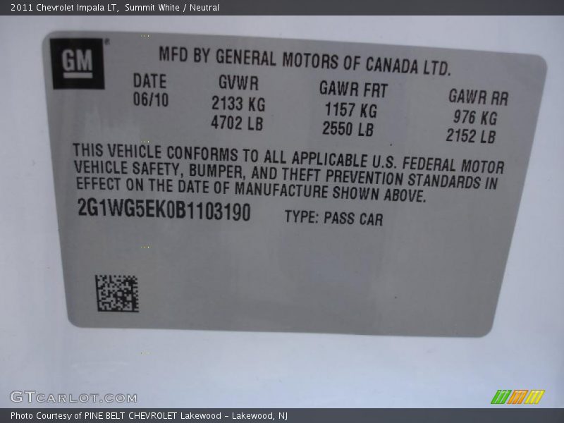 Summit White / Neutral 2011 Chevrolet Impala LT