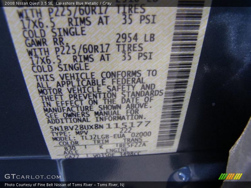 Lakeshore Blue Metallic / Gray 2008 Nissan Quest 3.5 SE