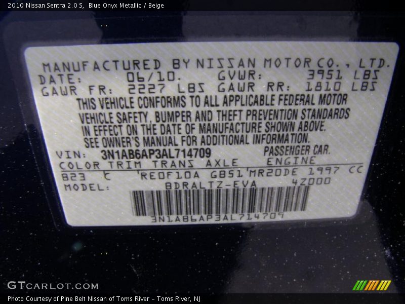 Blue Onyx Metallic / Beige 2010 Nissan Sentra 2.0 S