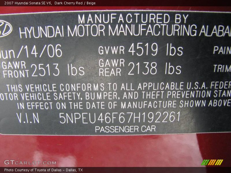 Dark Cherry Red / Beige 2007 Hyundai Sonata SE V6