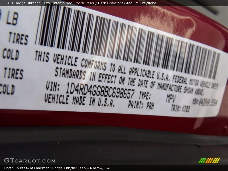 2011 Durango Crew Inferno Red Crystal Pearl Color Code PRH
