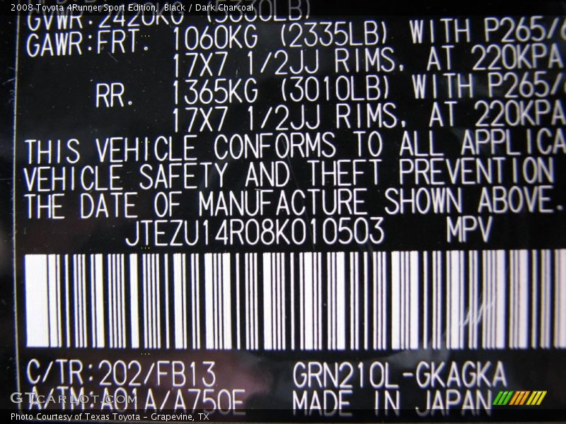 Black / Dark Charcoal 2008 Toyota 4Runner Sport Edition