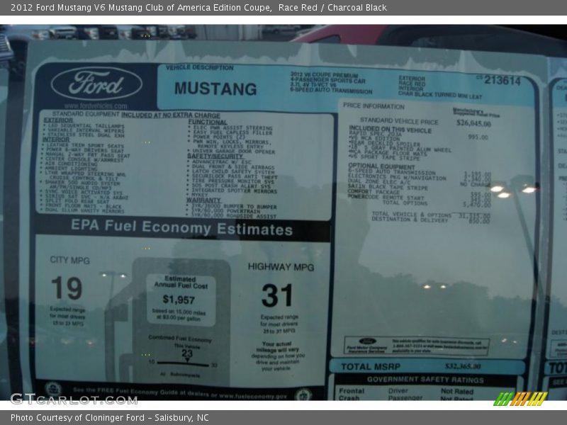  2012 Mustang V6 Mustang Club of America Edition Coupe Window Sticker